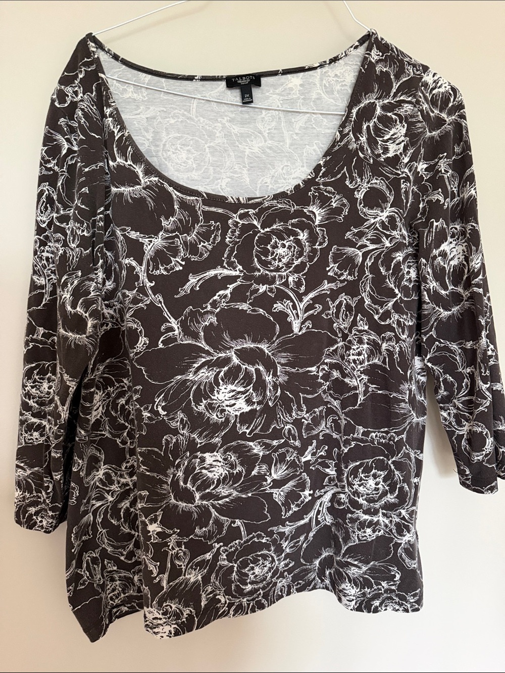 Talbots Brown and White Floral Scoop-Neck Knit Top